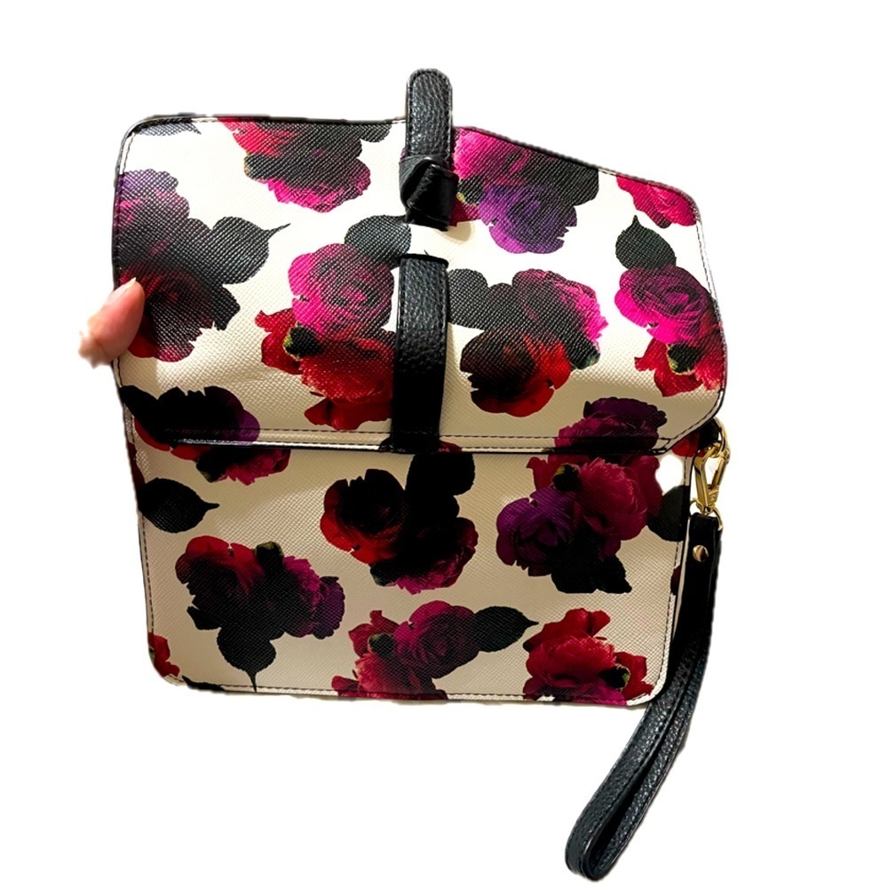 Charming Charlie Floral Rose Clutch Bag Purse Black Pink Purple Magnetic, NWOT - Picture 10 of 15